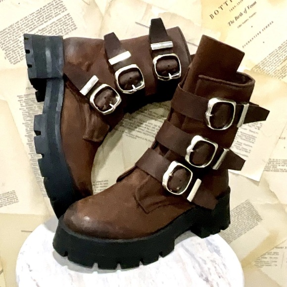 Urban Outfitters Steve Madden Roland Moto Boot Platform Lug Sole Brown - Picture 2 of 9